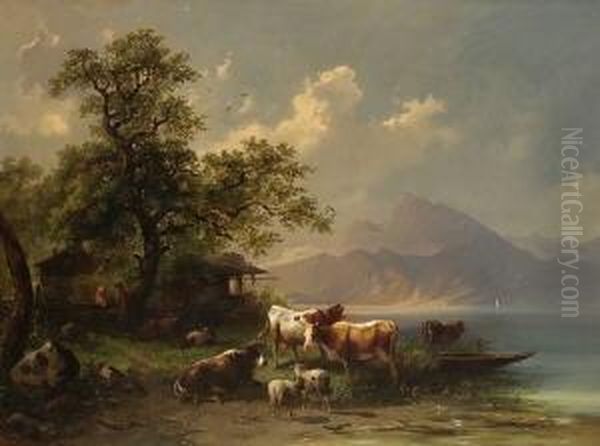 Viehherde Am Ufer Eines
 Gebirgssees. Oil Painting by Carl I Schweninger