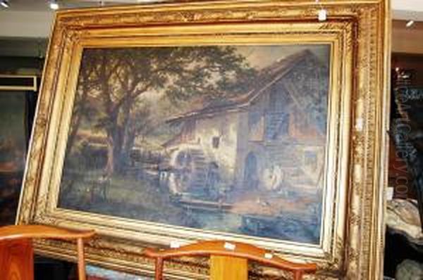 Watermill Scene Oil Painting by Karl Schweninger