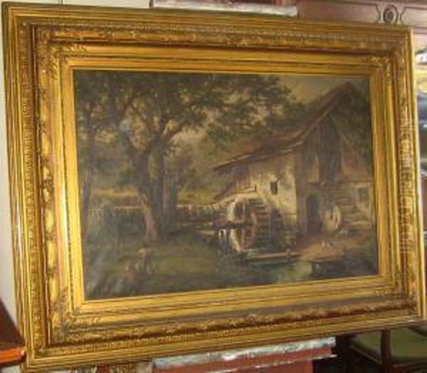 Watermill Farm House Scene Oil Painting by Karl Schweninger