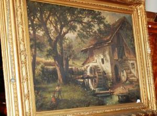 Watermill Farm Housescene Oil Painting by Karl Schweninger