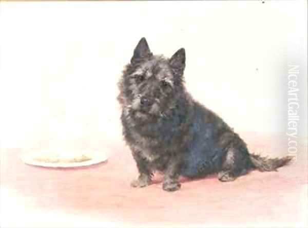 Suppertime a Scottish terrier sitting by a plate Oil Painting by Maud Earl