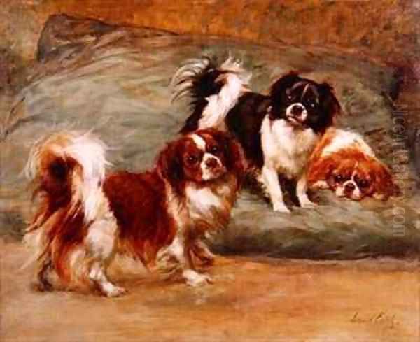 Three King Charles Spaniels on a Cushion Oil Painting by Maud Earl