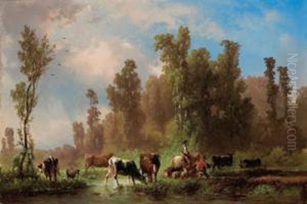 Cow Herd With Deer On A Pond Oil Painting by Karl Schweninger