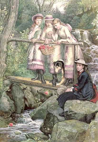 Four Girls and a Dog on a Bridge Over the Debdon Burn Oil Painting by Henry Hetherington Emmerson