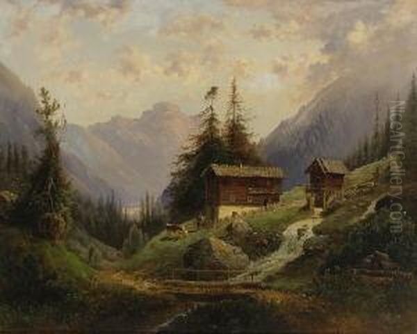 Bergbauernhof Am
 Gebirgsbach. Oil Painting by Ludwig Sckell