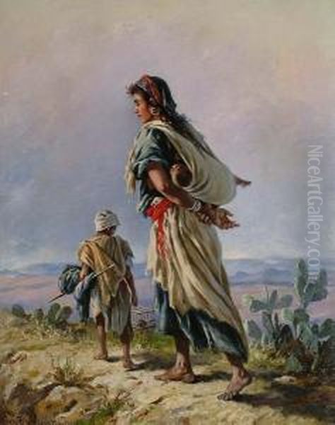 Desert Landscape With Mother And Children In The Foreground Oil Painting by Antonio, Cavaliero Scognamiglio