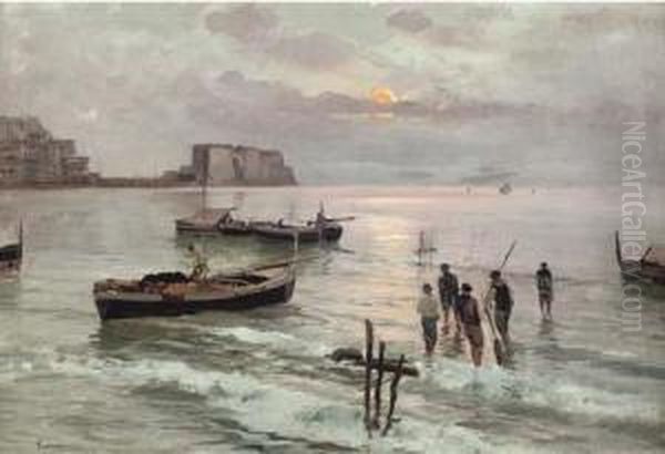 Italian Fishermen At Dusk Oil Painting by Raimpondo Scoppa