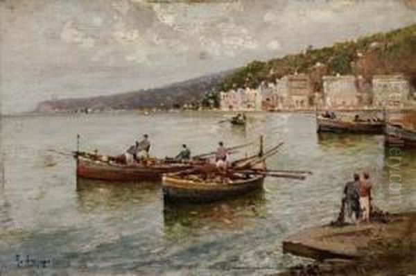 Marina Con Barche A Posillipo Oil Painting by Raimpondo Scoppa