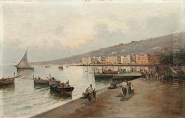 Neopolitan Harbor Oil Painting by Raimpondo Scoppa