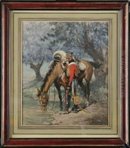 Hussard Du 4eme Regiment Sous La Revolution. Oil Painting by Georges Bertin, Dit Scott De Plagnolles