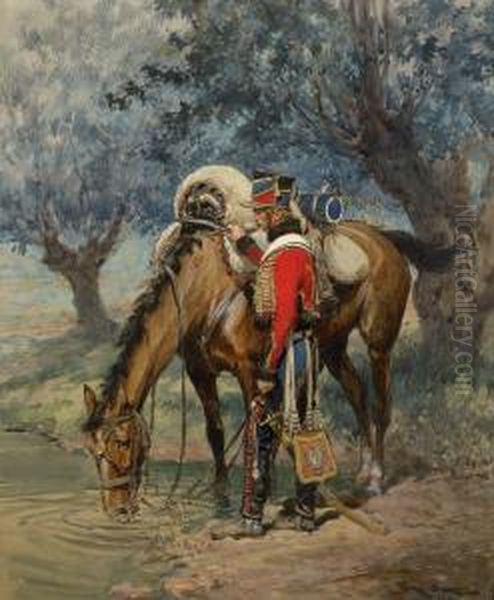 La Halte Du Cavalier Oil Painting by Georges Bertin, Dit Scott De Plagnolles