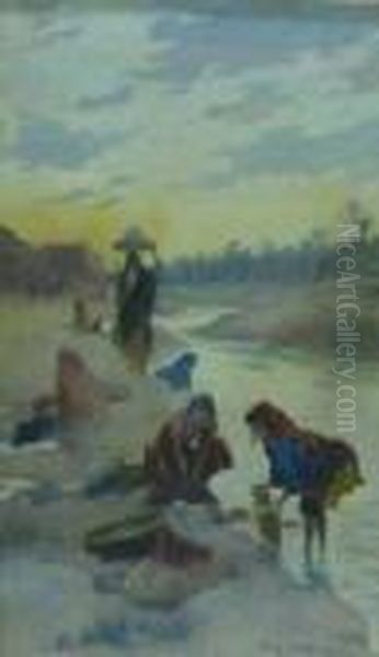 Lavandieres A Gabes Oil Painting by Georges Bertin, Dit Scott De Plagnolles