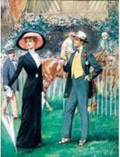 Elegant Et Elegante Au Paddock Oil Painting by Georges Bertin, Dit Scott De Plagnolles