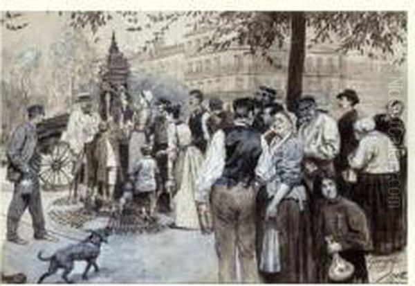 La Distribution De L'eau De 
Seine A Paris. Les Abords D'une Fontaine Publique Pourvue D'eau De 
Source Dans Le Quartier Des Ternes Oil Painting by Georges Bertin, Dit Scott De Plagnolles