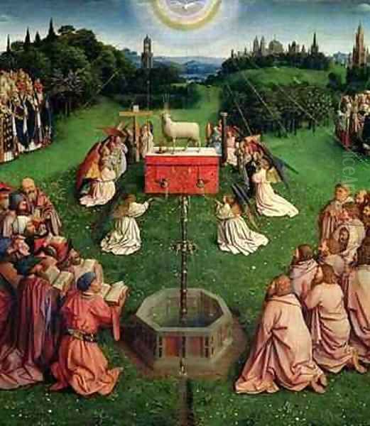 The Ghent Altarpiece main panel depicting The Adoration of the Mystic Lamb Oil Painting by Hubert & Jan van Eyck