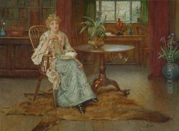 A Lady Reading A Book In An Interior Oil Painting by John Scott