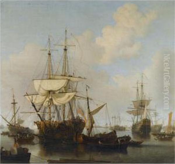 Shipping At Anchor In The Thames Estuary, Near Wapping Oil Painting by Samuel Scott