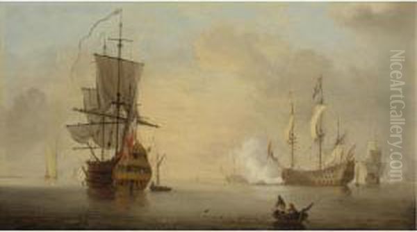 Vessels Becalmed Off The Coast Oil Painting by Samuel Scott