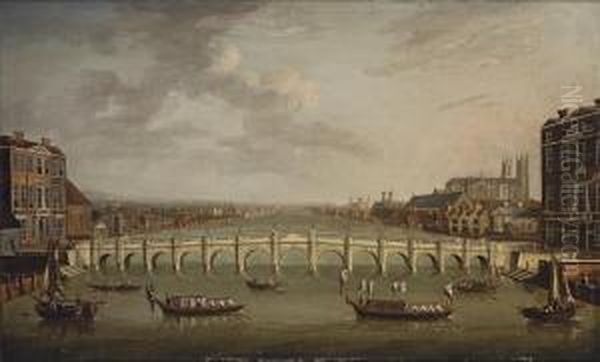 A View Of The Thames, London, 
With Westminster Bridge And The Abbeyand Palace Of Westminster Beyond Oil Painting by Samuel Scott