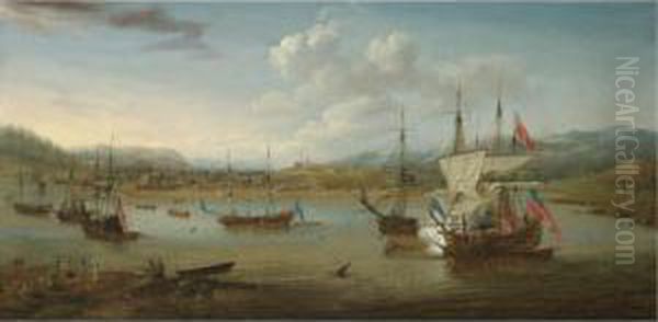 British Vessels At Anchor In 
Annapolis Royal Harbour River, Nova Scotia, With A Vice-admiral Of The 
Red Firing A Salute Oil Painting by Samuel Scott