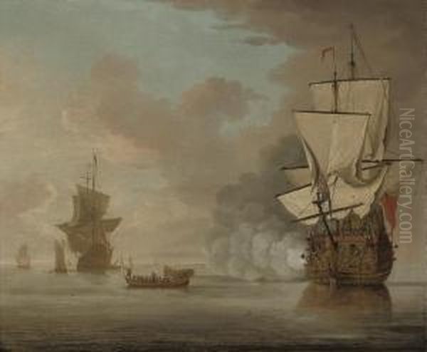 An English Man-o'war Saluting The Flagship As She Gets Underway From Her Anchorage Oil Painting by Samuel Scott