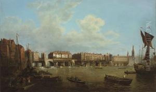 An Extensive View Of The Thames 
And The City Of London With Old London Bridge From The East, The Church 
Of St. Magnus And The Monument Beyond Oil Painting by Samuel Scott