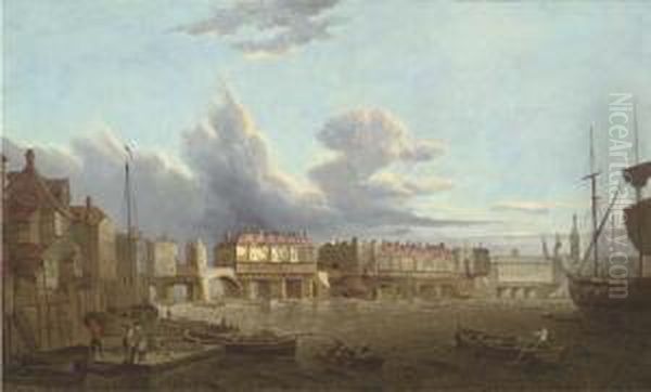 An Extensive View Of Old London 
Bridge From The East, With Thechurch Of St. Magnus And The Monument 
Beyond Oil Painting by Samuel Scott