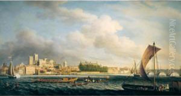 The Thames At Westminster Bridge With Barges Oil Painting by Samuel Scott