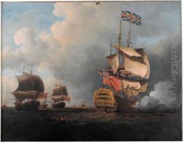 A Flagship Shortening Sail Oil Painting by Samuel Scott