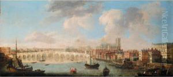 View Of The Thames And Old Westminster Bridge Looking Towards Westminster Abbey Oil Painting by Samuel Scott