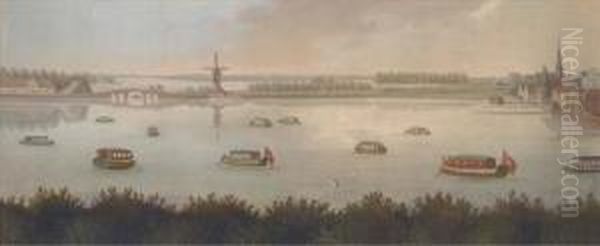 Barges On A Lagoon By A Dutch Settlement Oil Painting by Samuel Scott