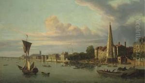 The York Buildings Waterworks Looking Towards Westminster Oil Painting by Samuel Scott