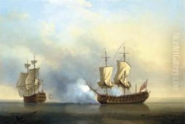 The Historic Encounter Between 
H.m.s. Lion And Two French Vessels, One Of Which Was Carrying 'bonnie 
Prince Charlie' En Route To Scotland To Kindle The Second Jacobite 
Rebellion, 9 Oil Painting by Samuel Scott