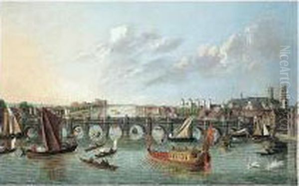 View Of The Thames With Westminster Bridge And Numerous Barges Oil Painting by Samuel Scott