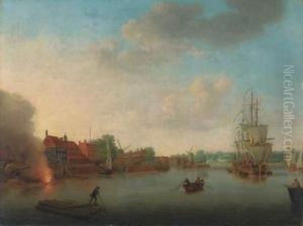 View Of Limehouse With Greenwich In The Distance Oil Painting by Samuel Scott