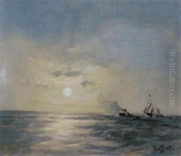 Moonlight With Two Fishing Boats Oil Painting by Tom Scott