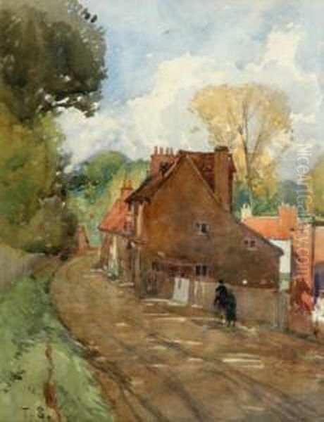 Village Street At Woodman Stearn, Near Banstead Surrey Oil Painting by Tom Scott