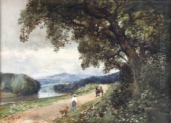 Figures On A Country Road, By A River Oil Painting by Tom Scott