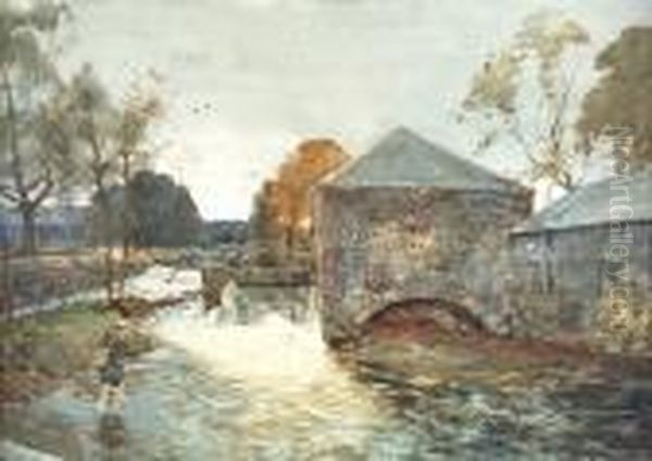 Fishing, Philiphaugh Mill Oil Painting by Tom Scott