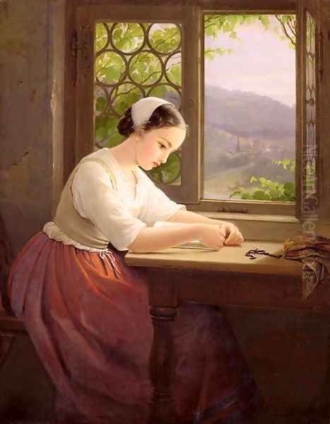 Girl reading by an open window Oil Painting by Caroline von der Embde