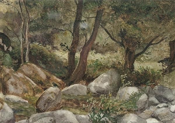 A Wooded Hillside Oil Painting by William Bell Scott