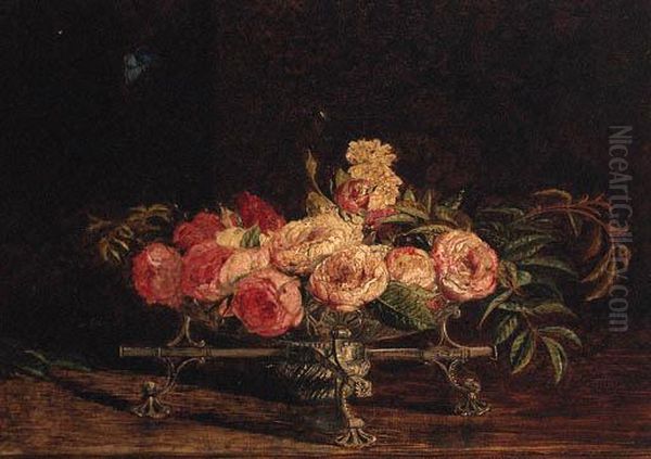 Pink And White Roses In An 18th 
Century Silver Dish-cross, Achalkhill Blue Butterfly Above Oil Painting by William Bell Scott