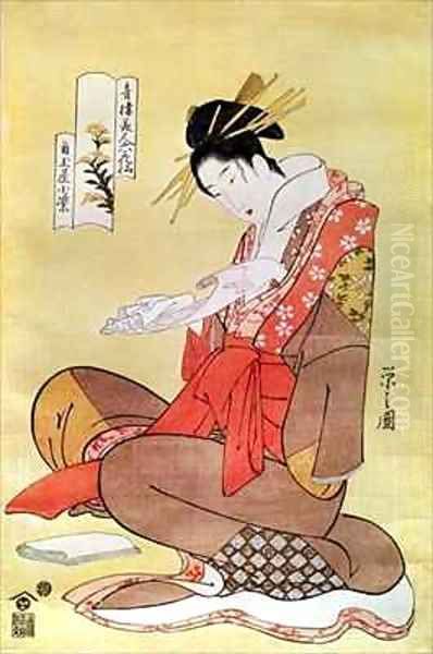 Seated Woman Reading Oil Painting by Hosoda Eishi