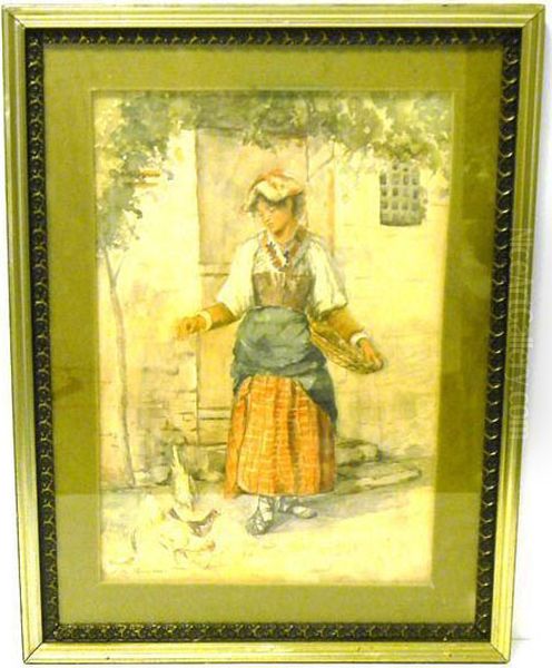 Showing Woman Feeding Chickens In Barnyard Oil Painting by Janet Scudder