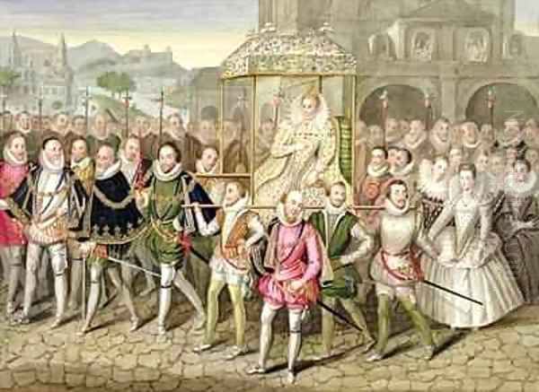 Queen Elizabeth I in procession with her Courtiers from Memoirs of the Court of Queen Elizabeth Oil Painting by Sarah Countess of Essex