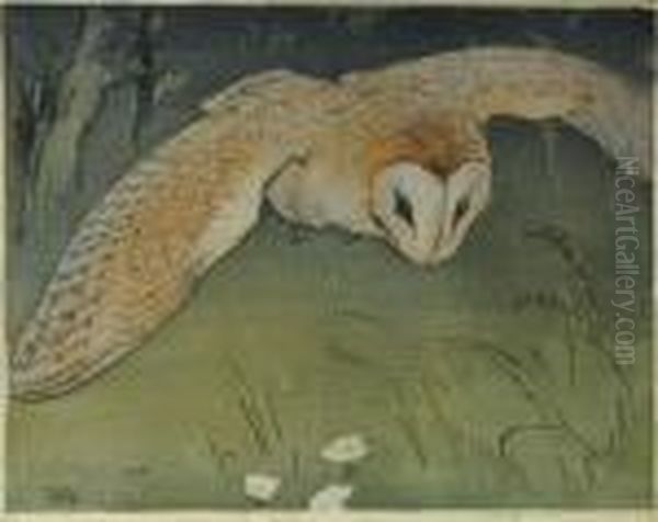 Barnowl In Flight Oil Painting by Allen William Seaby