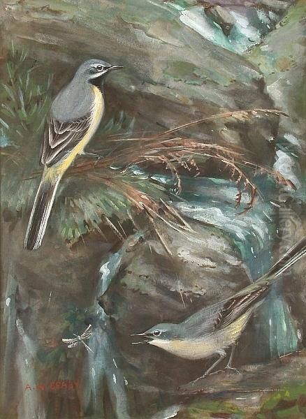 Grey Wagtails Oil Painting by Allen William Seaby