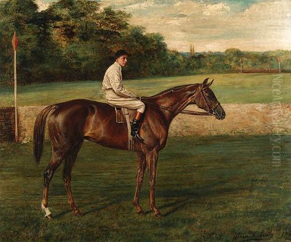 A Chestnut Racehorse With Jockey-up, On A Racecourse Oil Painting by Allen Culpepper Sealey