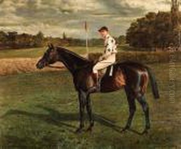 A Bay Racehorse With Jockey-up, On A Racecourse Oil Painting by Allen Culpepper Sealey