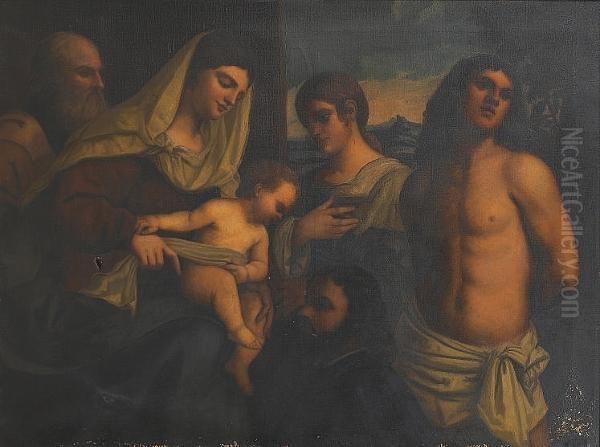 The Holy Family With Saints Sebastian And Catherine And A Donor Oil Painting by Sebastiano Del Piombo